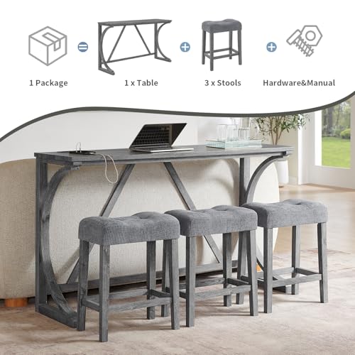 59" Dining Bar Table Set with Power Outlet, Behind Couch Sofa Table with 3 Padded Stools, 4 Piece Bar Table and Chairs Set for Living Room, Dining Room, Gray - color: O1-grey
