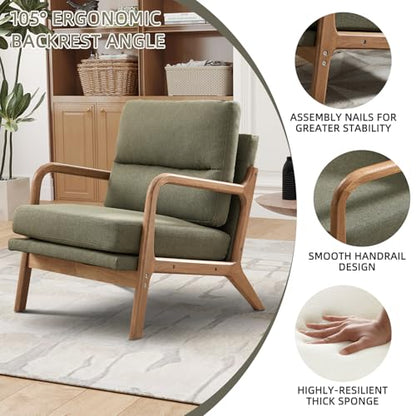 IOMOR Mid Century Modern Accent Chair, Linen Fabric Upholstered Lounge Arm Chair with Solid Wood Frame and Soft Cushion for Living Room, Bedroom, Balcony (1, Green) - color: Linen Green
