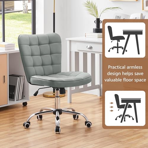 Yaheetech Light Gray Tufted Armless Desk Chair with Wheels, Faux Leather | Thick foam cushioned seat tilts back to relax, lifts 18-22 in, spins 360 degrees, holds 300 lb, and assembles with ease. - color: Light Gray