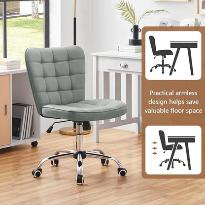 Yaheetech Light Gray Tufted Armless Desk Chair with Wheels, Faux Leather | Thick foam cushioned seat tilts back to relax, lifts 18-22 in, spins 360 degrees, holds 300 lb, and assembles with ease. - color: Light Gray