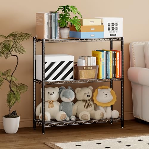 Homeiju 3-Tier Storage Rack, 29.8" Wide Heavy Duty Metal Shelving Unit, Top Tier with Removable Wood Board, 200 lbs Capacity per Shelf, for Pantry, Bathroom, Garage, Entryway, Plant Stand - color: Black, size: 29.8" W