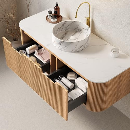 48” Floating Bathroom Vanity with Sink, Fluted Wall-Mounted Solid Wood Cabinet, Marble-Pattern Ceramic Round Basin, Faux Marble Top, Soft-Close Drawer, Pre-Assembled, Natural Woodgrain - color: 01 - Natural Woodgrain, size: 48"