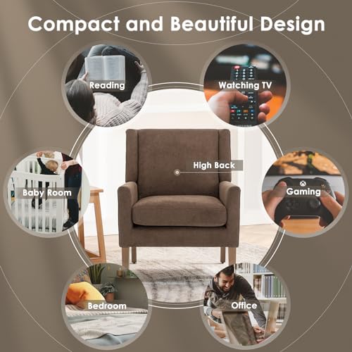 COLAMY Modern Wingback Living Room Chair, Upholstered Fabric Accent Armchair, Single Sofa Chair with Lounge Seat and Wood Legs for Bedroom/Office/Reading Spaces, Brown - color: Brown, size: Set of 1