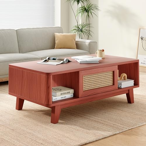 Coffee Table, Mid Century Living Room Tables with Storage, Modern Square with Rattan Drawer, Wooden Living Room Table with Solid Wood Leg - color: Cherry