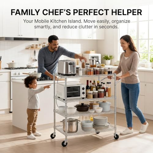 Finnhomy 4 Tier Heavy Duty Commercial Grade Rolling Cart with Handle Bar, Metal Wire Utility Cart with Wheels, Service Trolley on Wheels, Shelf Size 24" D x 36" W, NSF, Chrome - size: 36"L x 24"W x 46.7"H-4 Tier, style: Chrome Cart