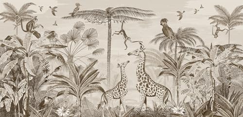 ASJ Kids Nursery Peel and Stick Wallpaper Mural, Safari Giraffe Sepia | Seamless edge-to-edge match. Monkey & birds etching artwork, 118x78 in, premium fabric, boys girls room playroom. - color: Sepia, size: 118" x 78"
