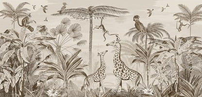ASJ Kids Nursery Peel and Stick Wallpaper Mural, Safari Giraffe Sepia | Seamless edge-to-edge match. Monkey & birds etching artwork, 118x78 in, premium fabric, boys girls room playroom. - color: Sepia, size: 118" x 78"
