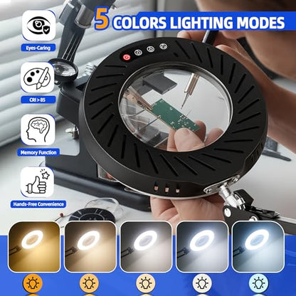 Akynite 12X Magnifying Glass with Light and Stand,5 Color 9 Levels Dimmable | Hands Free, Flexible Robot Arm, USB, with Adapter, Dual Base, 144 LED, Real Glass Magnifying Desk Lamp for Craft Close Work