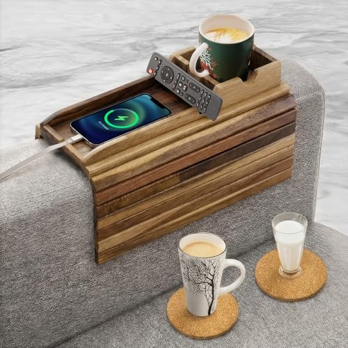 Bamboo Couch Cup Holder, 2 Cork Coasters, Anti-Slip Foldable Couch Arm Tray | 2 in 1 Foldable Sofa Arm Tray, Couch Armrest Table, Anti-Spill Couch Arm Table for Drinks TV Remote Cellphone Snacks - color: Acacia
