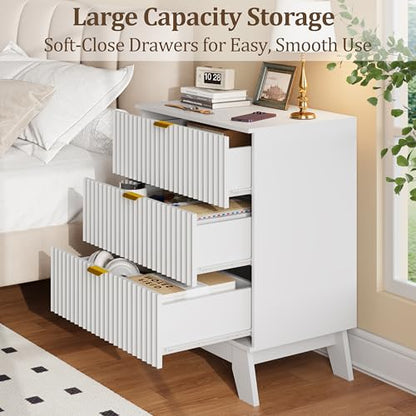 Fluted Nightstand with 3 Large Drawers, Wooden Side End Table with Elevated Legs for Easy Cleaning, Sturdy Modern Beside Table for Small Space, Bedroom, White, 24" L - color: White