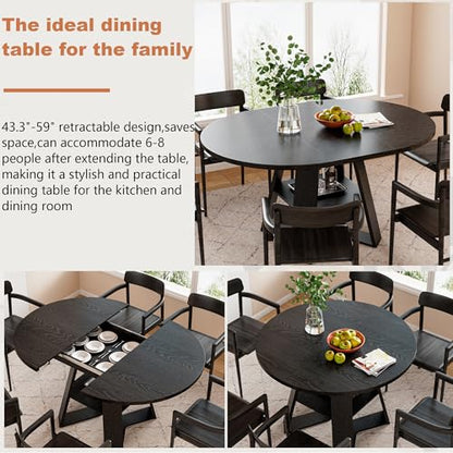 43.3"-59" Extendable Round Oval Dining Table for 4-8 with Storage Shelf | Modern Kitchen Oval Dining Table with Removable Leaves,Space Saving Extendable Table Wood Base for Kitchen Living Room - color: Black Style 3