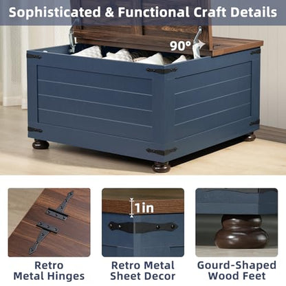 Joaxswe Farmhouse Coffee Table with Hidden Storage, 59 Gallon Square Center Table for Living Room, Rustic Wood Cocktail Tables with Flip-Top Lids, Farm House Tables with Wooden Gourd Feet, Navy Blue - color: Blue, style: With Round Legs