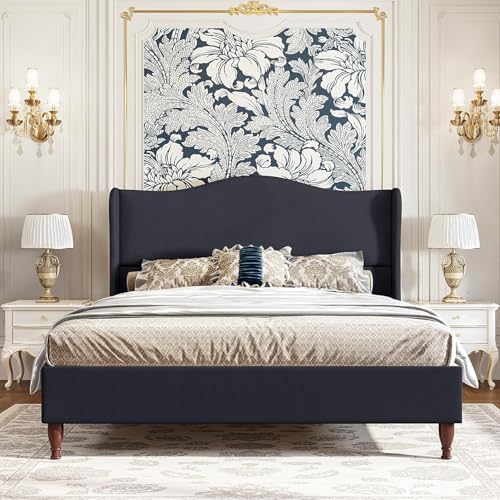 koorlian Upholstered Bed Frame with 51" Tall Headboard, Queen/ Dark Navy | Reinforced Platform Bed, Easy Assembly, Soft Fabric, Sleigh Wingback, Solid Wood Retro Legs, Noise-Free, Classic & Simple - color: Dark Navy, size: Queen