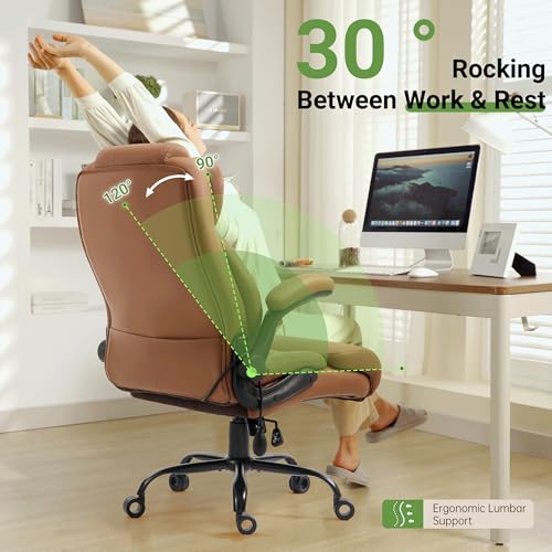 Office Chair, Big and Tall Executive Chair with Air-Lumbar Support, Breathable Desk Computer Chair with Adjustable Flip-up Armrests, Wide Cushion Seat Swivel Home Office Chair - color: Brown