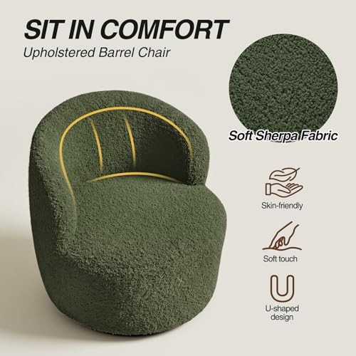 FiveWillowise Swivel Accent Chair, 360° Small Round Barrel Chairs, Modern Cozy Sherpa Padded Armchair for Living Room, Bedroom, Waiting Room, Office, Moss Green - color: Moss Green, size: 1 PC