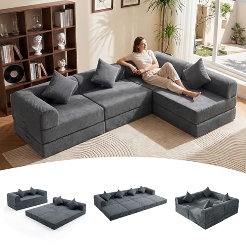112" L Shaped Modular Sectional Sofa with Ottoman, Cloud Boneless Couch Deep Seat with 4 Pillows, Oversized Folding Sofa Bed Couches for Living Room Bedroom,No Assembly-Grey - color: Grey, size: 4 Seat