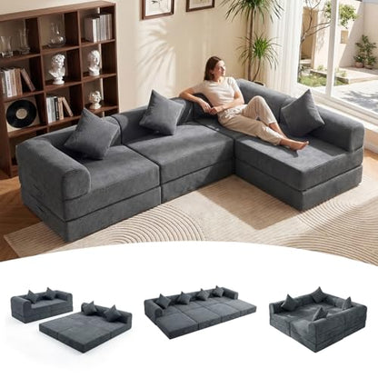 112" L Shaped Modular Sectional Sofa with Ottoman, Cloud Boneless Couch Deep Seat with 4 Pillows, Oversized Folding Sofa Bed Couches for Living Room Bedroom,No Assembly-Grey - color: Grey, size: 4 Seat