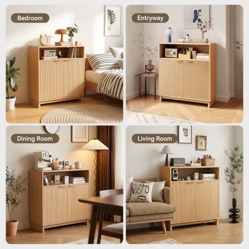 Buffet Cabinet with Storage, 31.5" Wide Kitchen Sideboard Cabinet | Mid Century Modern Wood Fluted Cabinet with Doors& Adjustable Shelves for Entryway Living Room Hallway Coffee Bar Dining Room - color: Natural Oak