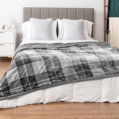 PAVILIA Twin Plaid Sherpa Throw Blanket for Couch Sofa Bed Light Grey 60x80 | GSM 460; Soft Plush Flannel Fleece; Warm&Cozy for Home; Machine Washable, Perfect Cabin Decor Winter Holiday Christmas Gift - color: Plaid Light Gray, size: 60 x 80 Inches