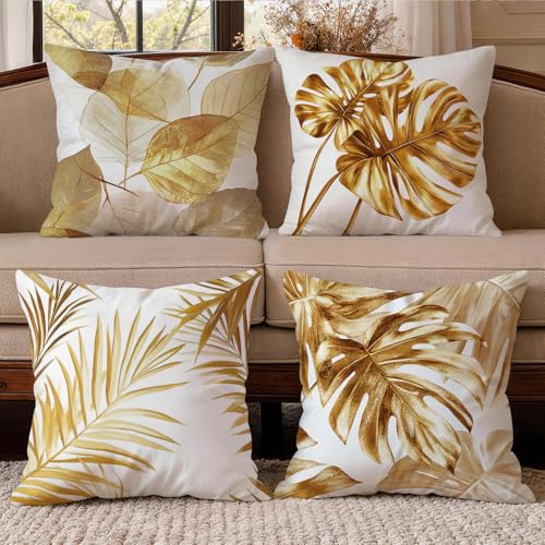 OBSEDE Golden Leaf Throw Pillow Covers 18 x 18 Set of 4 Single Side Print | Soft Short Plush, Couch Cushion Cases, Modern Living Room Sofa Bed Decor, Autumn Aesthetic, Housewarming Gift, Fade Resistant - color: Gilded Botanical Line Drawing, size: 18" x 1