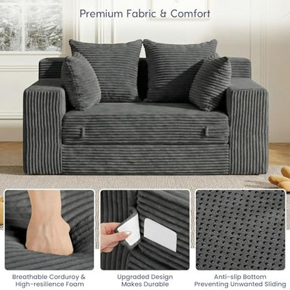 cidludto Boneless Couch Loveseat Sleeper, Convertible Sofa Bed Folding Couch Bed Foldable, 2 in 1 Boneless Chair Bed & Futon Sofa Bed, Small Pull Out Sofa with 4 Pillows for Living Room, Grey - color: Grey, size: Loveseat-55''