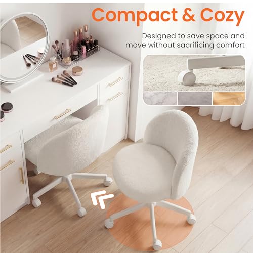 NEO Chair Office Vanity Chair with Wheels Comfy Desk Chair for Girls Cute Computer Small Armless Adjustable Height Swivel for Home Bedroom Task (Creamy White) | Soft Fleece Fabric with Supportive Curved Back, 360° Swivel, Cozy Comfort for Makeup, Computer