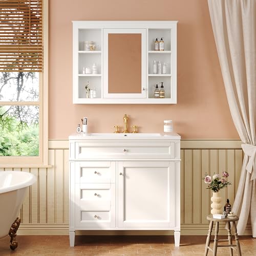Wall Mounted Medicine Cabinet, Bathroom Storage Cabinet with Mirror Door and 6 Adjustable Open Shelf (7.3" D x 35" W x 27.5" H) (White) - color: White