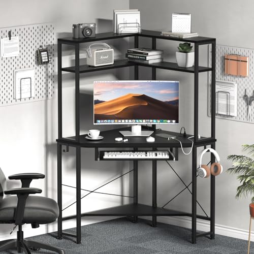 Corner Desk with Hutch and LED Light, Keyboard Tray, Black - color: Black