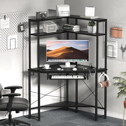Corner Desk with Hutch and LED Light, Keyboard Tray, Black - color: Black