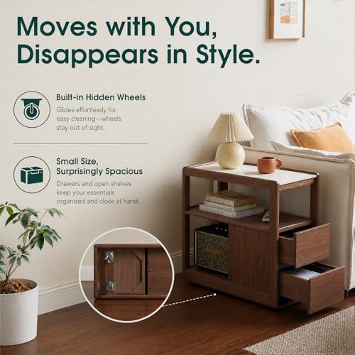 Solid Wood End Table with Storage Drawers, Narrow Side Table for Couch | 2 drawers, hidden wheels and slim design make this narrow side table perfect for couches, bedrooms and small spaces. - color: Walnut