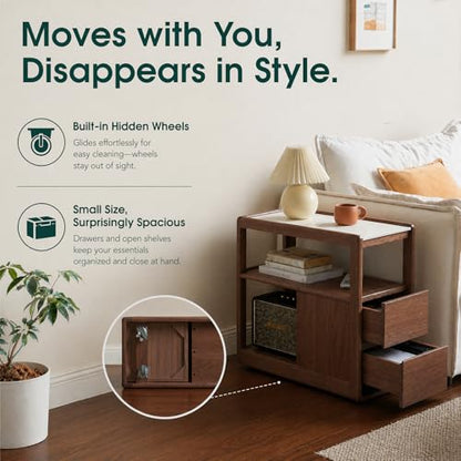 Solid Wood End Table with Storage Drawers, Narrow Side Table for Couch | 2 drawers, hidden wheels and slim design make this narrow side table perfect for couches, bedrooms and small spaces. - color: Walnut