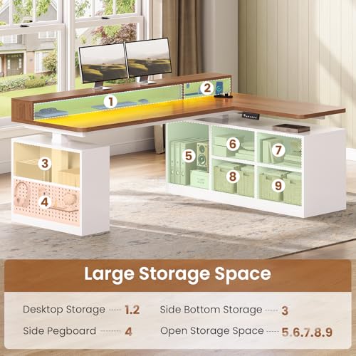 SEDETA L Shaped Electric Standing Desk, 63 inch Gaming Computer Desk with Storage Shelves and LED Lights, Height Adjustable Office Desk with Power Outlet and Pegboard, Brown Desktop - color: Brown