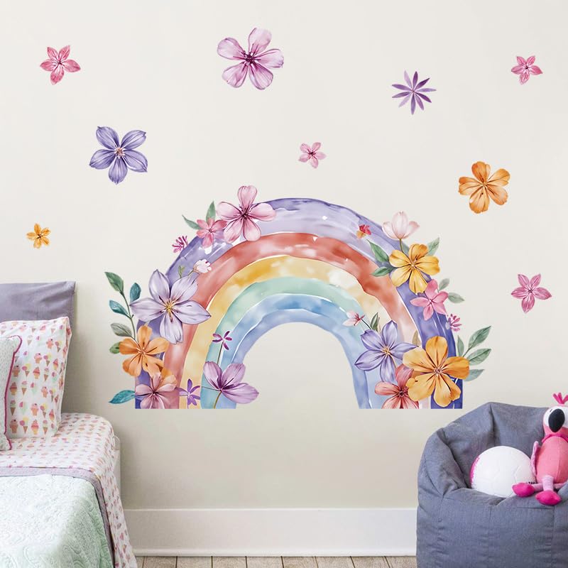 Large Rainbow Wall Decals Peel and Stick Watercolor Wall Art | Easy Removable Vinyl Wall Stickers for Girls Boys Kids Living Room Nursery Playroom Bedroom - color: Rainbow Flower