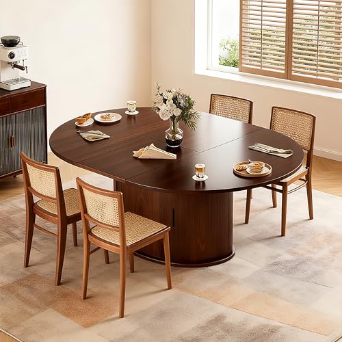 Extendable Round Dining Table for 2-4-6, 63 Inch Dining Room Kitchen Table with 2-Tier Storage Shelf, Modern Farmhouse Fluted Wood Slide Door Dinner Furniture,Oval Circle(Walnut-63 Inch) - color: Walnut-63 Inch