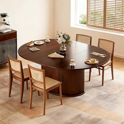 Extendable Round Dining Table for 2-4-6, 63 Inch Dining Room Kitchen Table with 2-Tier Storage Shelf, Modern Farmhouse Fluted Wood Slide Door Dinner Furniture,Oval Circle(Walnut-63 Inch) - color: Walnut-63 Inch