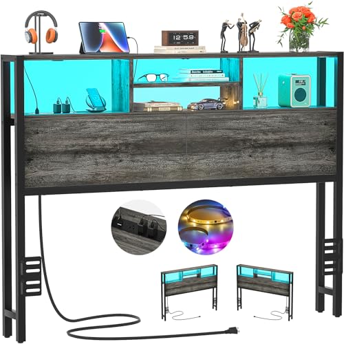 Aheaplus Headboard for Full Size Bed with Storage, Headboards with Outlets | Full Size Head Board Only, with USB Ports and LED Light, Height Adjustable, Reversible, Sturdy & Stable Headboard, Black Oak - color: Black Oak, size: Full, style: Wood