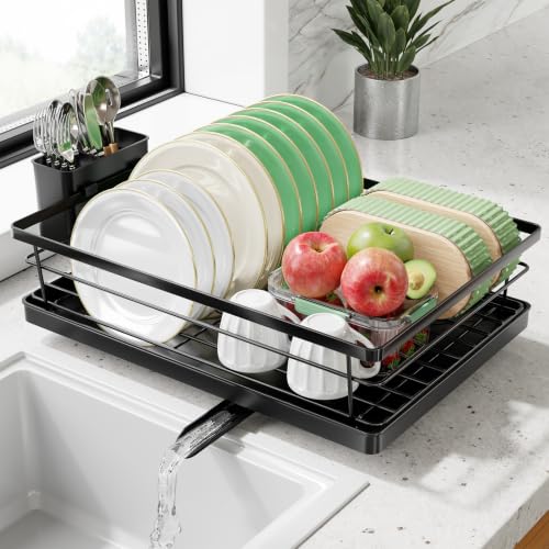 Simple Trending Dish Drying Rack, 15.75'' D x 12'' W, Black | Dish Rack for Kitchen Counter, Stainless Steel Dish Drainer, Cutlery Holder, Drainboard, Space-Saving, Easy Installation