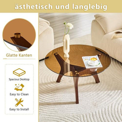 31.5" Round Glass Coffee Table, Walnut Modern Coffee Table with Brown-Tinted Tempered Glass Top, 3-Leg Geometric Base Accent Table for Living Room, Small Space - color: Walnut, size: 31.5" 3-Leg Geometric Base