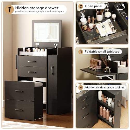 Herture 3 in 1 Vanity Desk with Flip Top Mirror, Comapct Vanity | Small Vanity with Lights,Outlets,Side Cabinet,Collapsible Desk Panel,Storage Hidden Stool,Makeup Vanity Table Black PT01DTB - color: Black