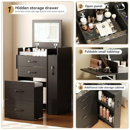 Herture 3 in 1 Vanity Desk with Flip Top Mirror, Comapct Vanity | Small Vanity with Lights,Outlets,Side Cabinet,Collapsible Desk Panel,Storage Hidden Stool,Makeup Vanity Table Black PT01DTB - color: Black