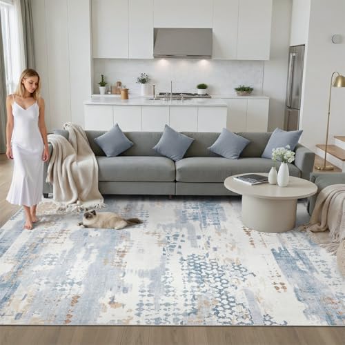 DCX Washable Abstract Area Rug 5x7, Non Slip Low Pile Rug, Blue | Easy to clean, non-shedding, soft, kid & pet friendly, with a non-slip rubber backing for living rooms, bedrooms, and offices - color: Blue & White, size: 5' x 7' (Rectangular)