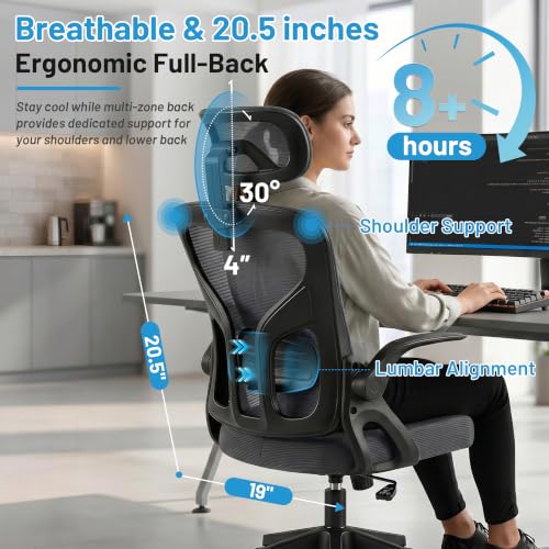 Office Chair Ergonomic Desk Chair with Adjustable Headrest Lumbar Support, High Back Breathable Mesh Chair with 120° Tilt & Flip-Up Armrests, Swivel Comfy Task Computer Chair for Work, Study - color: Dark Gray