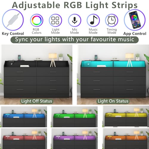 6 Drawer Dresser for Bedroom with Charging Station, Dresser with LED Light | Chest of Drawers for Closet, Modern Dressers with Open Storage Cubby, Double Wide Dressers - color: Black-