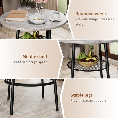 3-Piece Round Bar Table Set with Backrest & Partition, Counter Height Small Dining Table for 2, Includes 2 Foldable Stools, Sturdy MDF & Steel Frame for Kitchen/Dining Room (Grey) - color: Grey