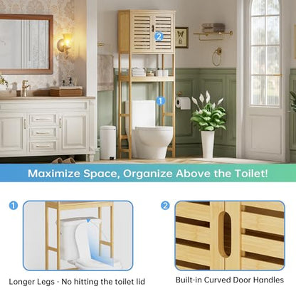 SMIBUY Bathroom Over The Toilet Storage Cabinet, 2 Door Bamboo Cabinet Organizer, Freestanding Space Saver Toilet Rack with Adjustable Inside Shelf and Open Shelf (Natural) - color: Natural