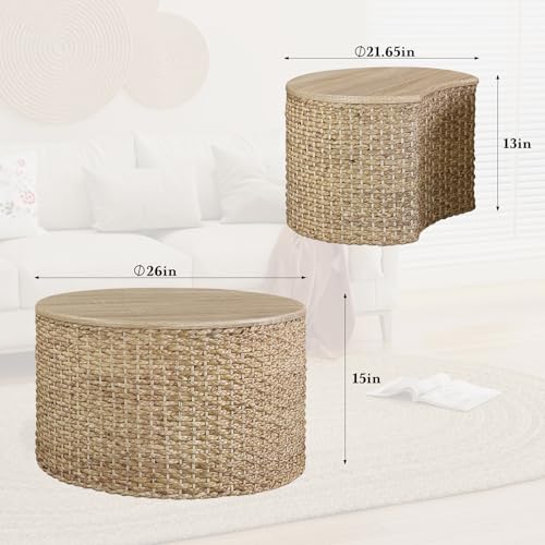 Nesting Coffee Table Set of 2, Rustic Crate and Barrel Coffee Table, Hand-Woven Woven Nesting Tables with Soild Wood Cover for Living Room, Bedroom - color: Beige White（under Cool Light）