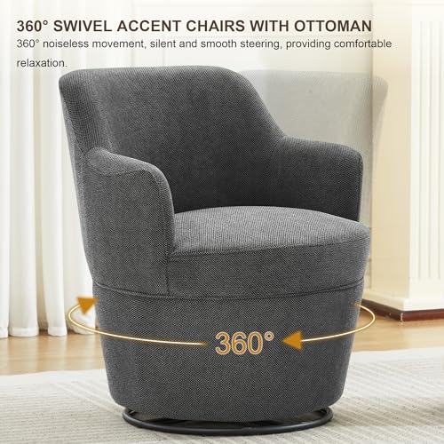LOULENS Swivel Accent Chair with Storage Ottoman, Dark Gray | Linen, Small, Barrel, Reading Chair, Vanity Chair, Comfy Single Sofa, Armchair, For Living Room, Bedroom - color: Dark Gray