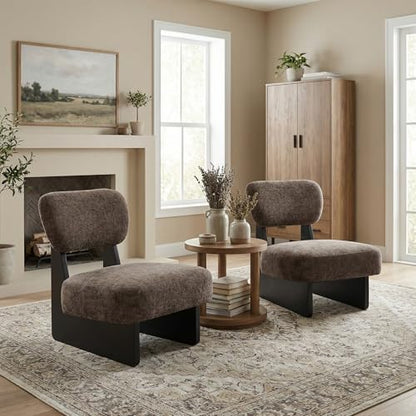 Christopher Knight Home Mores Low Profile Accent Chair Set of 2, Modern Living Room Armless Lounge Chair, Fabric Comfy Reading Chair for Bedroom, Wooden Frame and Thick Padded Seat, Black+Dark Brown - color: Black+dark Brown