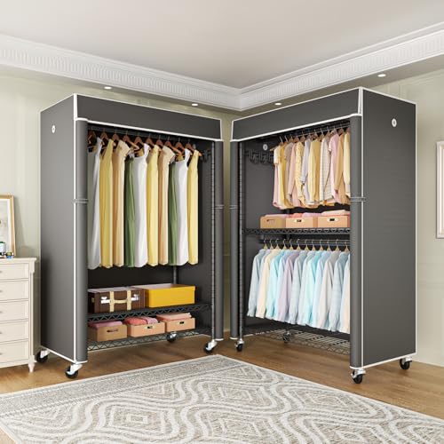 Black Clothing Rack with Dark Gray Cover, P1C Plus Rolling Closet | Metal Garment Rack with Wheels for Hanging Clothes, Portable Clothing Storage Wardrobe - color: Black Rack with Dark Gray Cover