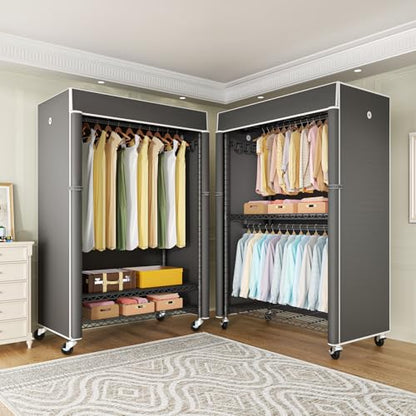 Black Clothing Rack with Dark Gray Cover, P1C Plus Rolling Closet | Metal Garment Rack with Wheels for Hanging Clothes, Portable Clothing Storage Wardrobe - color: Black Rack with Dark Gray Cover